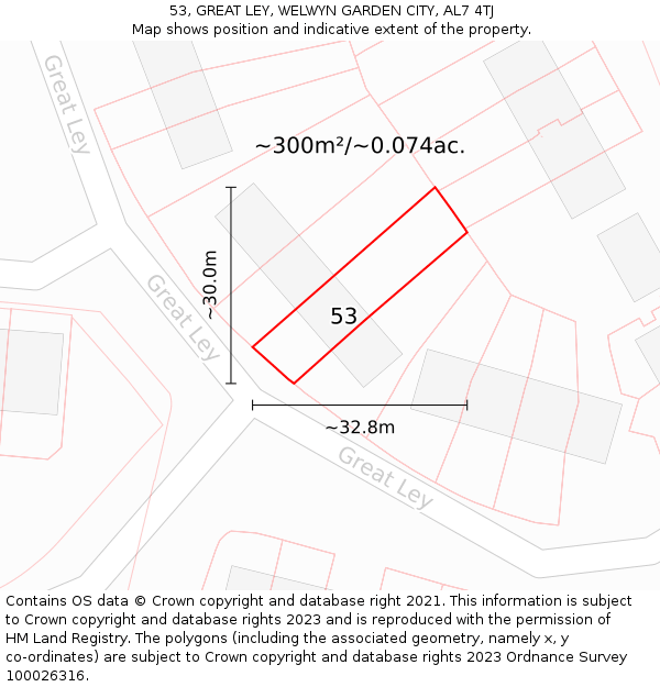53, GREAT LEY, WELWYN GARDEN CITY, AL7 4TJ: Plot and title map