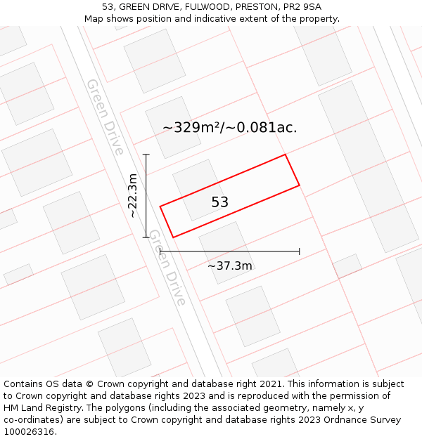 53, GREEN DRIVE, FULWOOD, PRESTON, PR2 9SA: Plot and title map