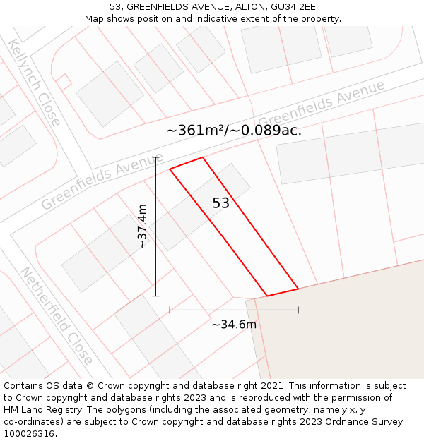 53, GREENFIELDS AVENUE, ALTON, GU34 2EE: Plot and title map