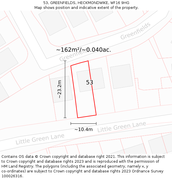 53, GREENFIELDS, HECKMONDWIKE, WF16 9HG: Plot and title map