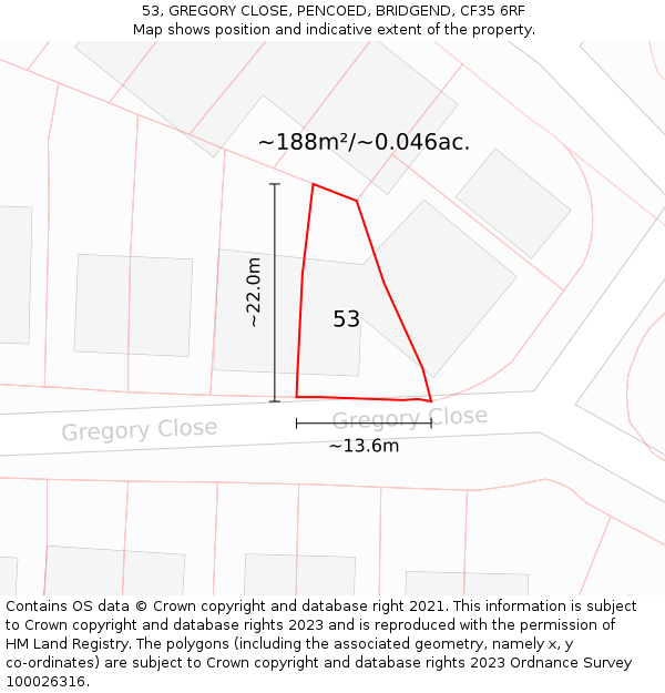 53, GREGORY CLOSE, PENCOED, BRIDGEND, CF35 6RF: Plot and title map