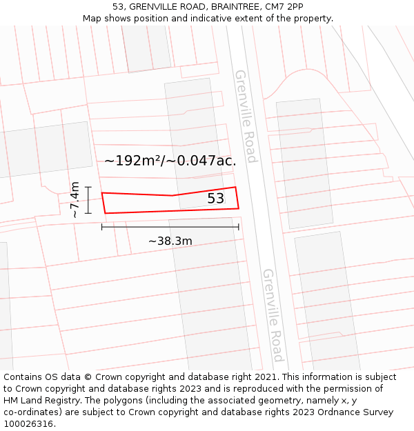 53, GRENVILLE ROAD, BRAINTREE, CM7 2PP: Plot and title map