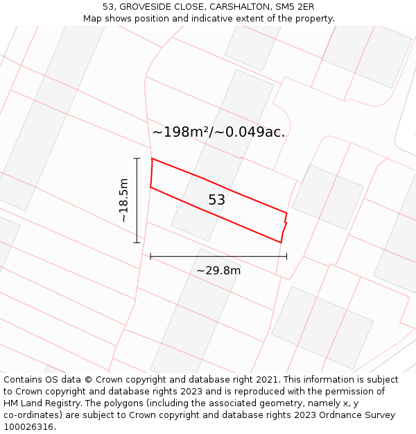 53, GROVESIDE CLOSE, CARSHALTON, SM5 2ER: Plot and title map