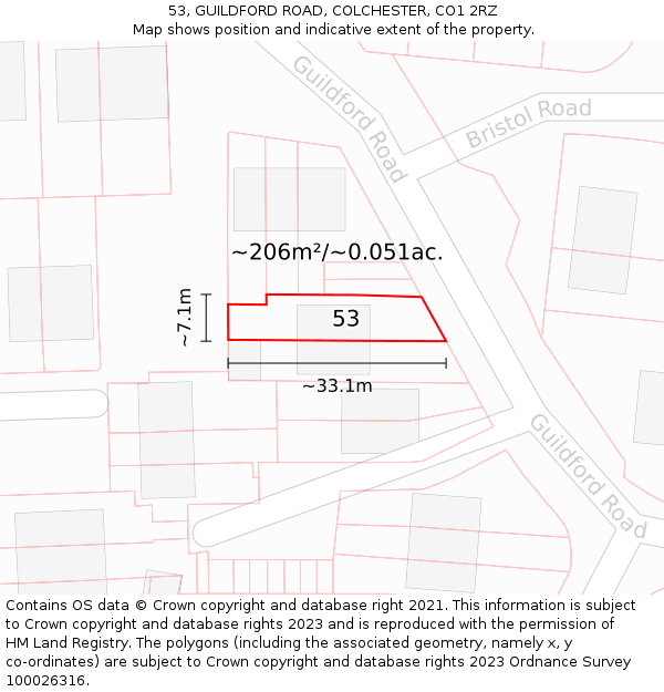 53, GUILDFORD ROAD, COLCHESTER, CO1 2RZ: Plot and title map
