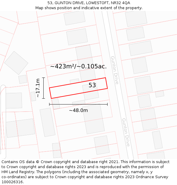 53, GUNTON DRIVE, LOWESTOFT, NR32 4QA: Plot and title map