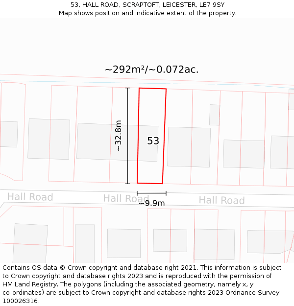 53, HALL ROAD, SCRAPTOFT, LEICESTER, LE7 9SY: Plot and title map