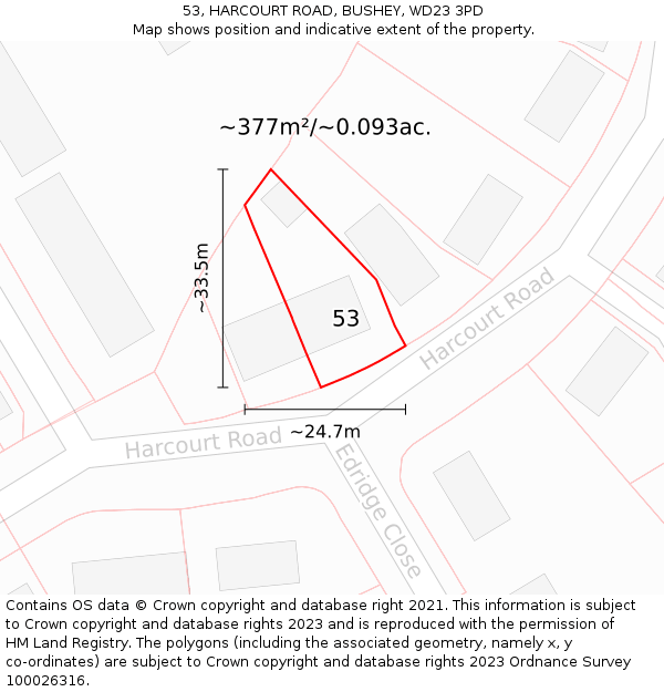 53, HARCOURT ROAD, BUSHEY, WD23 3PD: Plot and title map