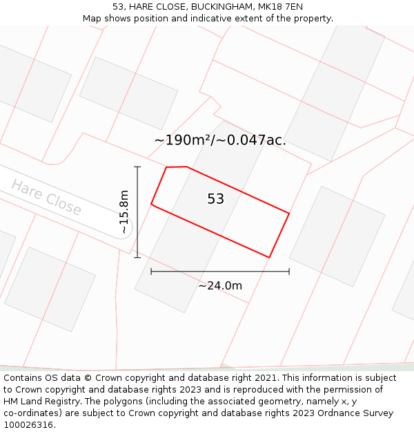 53, HARE CLOSE, BUCKINGHAM, MK18 7EN: Plot and title map