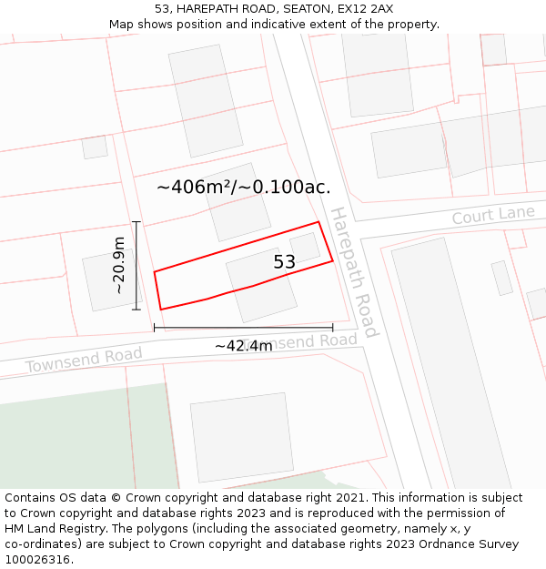 53, HAREPATH ROAD, SEATON, EX12 2AX: Plot and title map