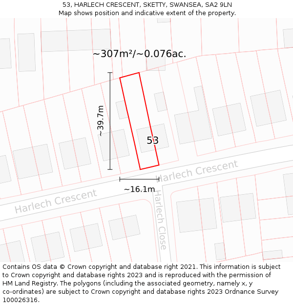 53, HARLECH CRESCENT, SKETTY, SWANSEA, SA2 9LN: Plot and title map