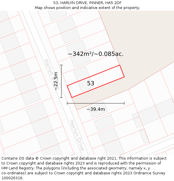 53, HARLYN DRIVE, PINNER, HA5 2DF: Plot and title map