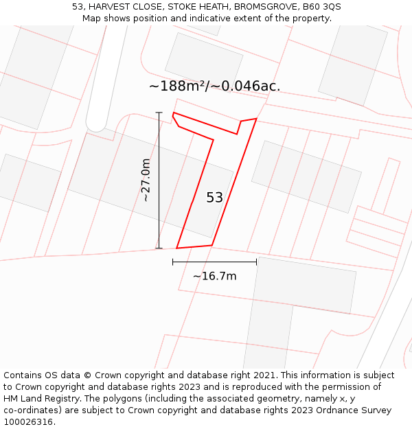 53, HARVEST CLOSE, STOKE HEATH, BROMSGROVE, B60 3QS: Plot and title map