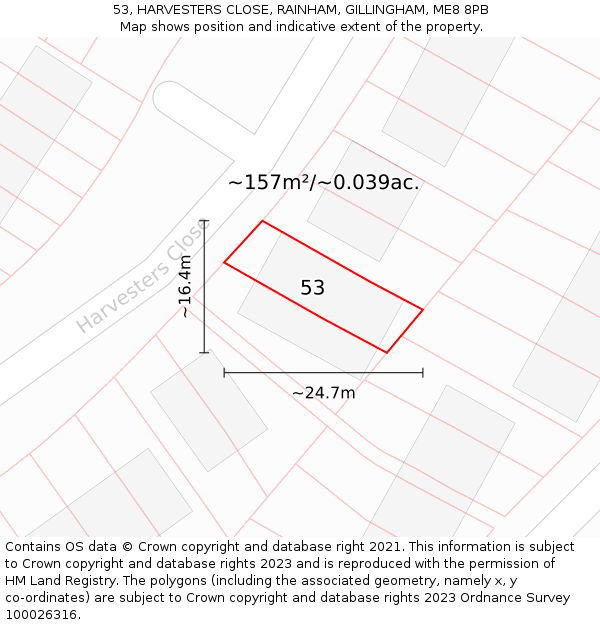 53, HARVESTERS CLOSE, RAINHAM, GILLINGHAM, ME8 8PB: Plot and title map