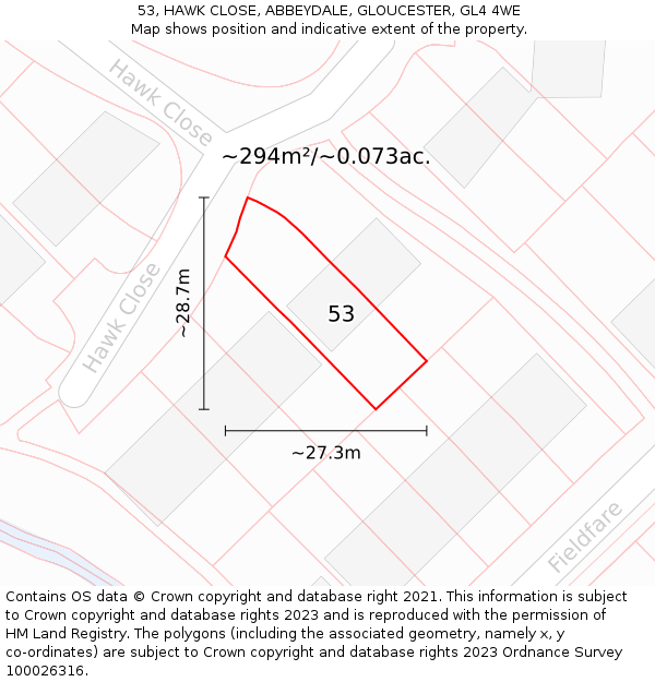 53, HAWK CLOSE, ABBEYDALE, GLOUCESTER, GL4 4WE: Plot and title map