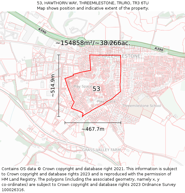 53, HAWTHORN WAY, THREEMILESTONE, TRURO, TR3 6TU: Plot and title map
