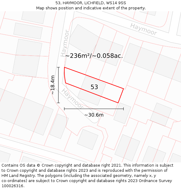 53, HAYMOOR, LICHFIELD, WS14 9SS: Plot and title map
