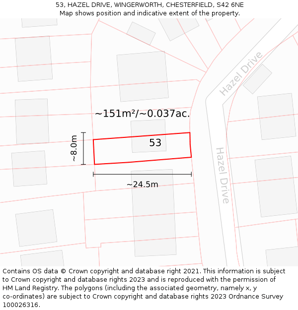 53, HAZEL DRIVE, WINGERWORTH, CHESTERFIELD, S42 6NE: Plot and title map