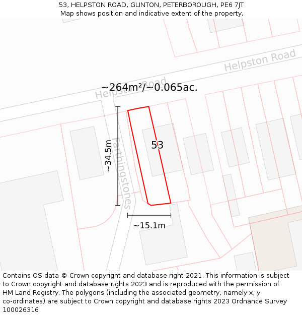 53, HELPSTON ROAD, GLINTON, PETERBOROUGH, PE6 7JT: Plot and title map