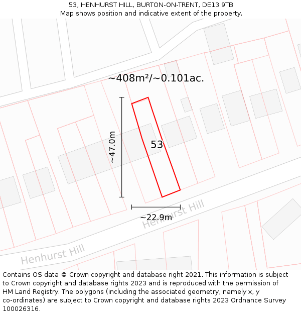 53, HENHURST HILL, BURTON-ON-TRENT, DE13 9TB: Plot and title map