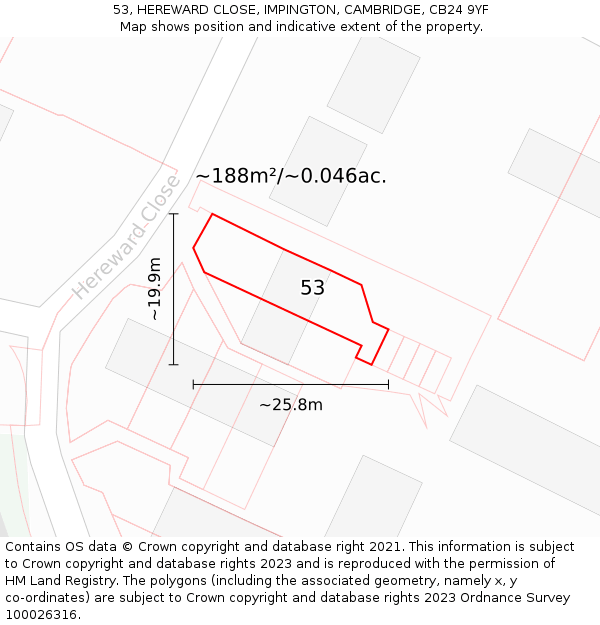 53, HEREWARD CLOSE, IMPINGTON, CAMBRIDGE, CB24 9YF: Plot and title map