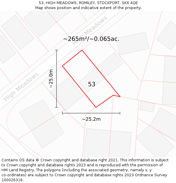 53, HIGH MEADOWS, ROMILEY, STOCKPORT, SK6 4QE: Plot and title map