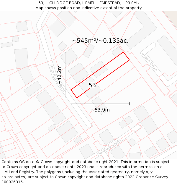 53, HIGH RIDGE ROAD, HEMEL HEMPSTEAD, HP3 0AU: Plot and title map