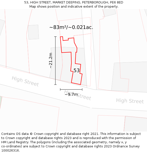 53, HIGH STREET, MARKET DEEPING, PETERBOROUGH, PE6 8ED: Plot and title map