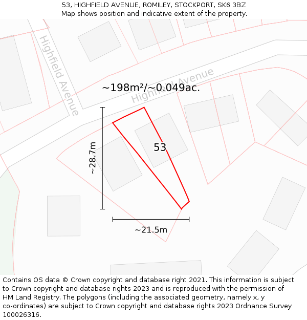 53, HIGHFIELD AVENUE, ROMILEY, STOCKPORT, SK6 3BZ: Plot and title map