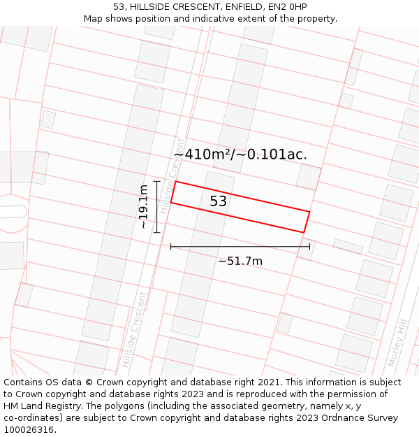 53, HILLSIDE CRESCENT, ENFIELD, EN2 0HP: Plot and title map