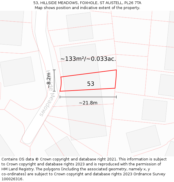 53, HILLSIDE MEADOWS, FOXHOLE, ST AUSTELL, PL26 7TA: Plot and title map