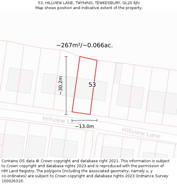 53, HILLVIEW LANE, TWYNING, TEWKESBURY, GL20 6JN: Plot and title map