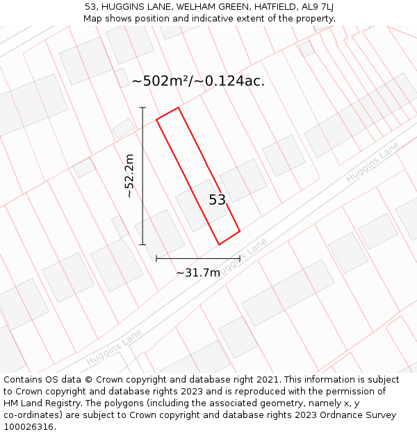 53, HUGGINS LANE, WELHAM GREEN, HATFIELD, AL9 7LJ: Plot and title map