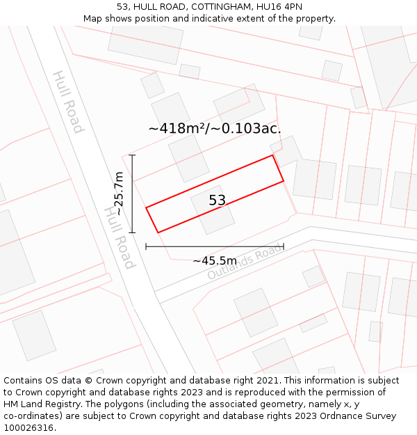 53, HULL ROAD, COTTINGHAM, HU16 4PN: Plot and title map