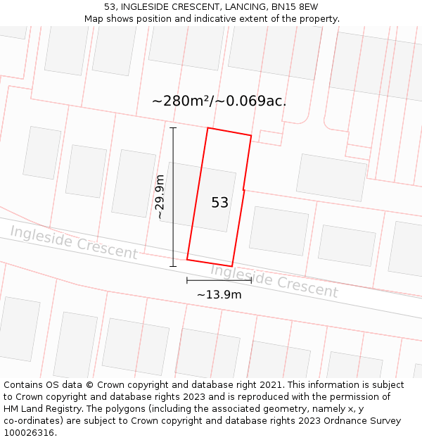 53, INGLESIDE CRESCENT, LANCING, BN15 8EW: Plot and title map