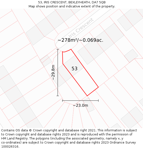 53, IRIS CRESCENT, BEXLEYHEATH, DA7 5QB: Plot and title map