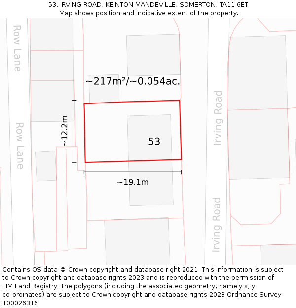 53, IRVING ROAD, KEINTON MANDEVILLE, SOMERTON, TA11 6ET: Plot and title map