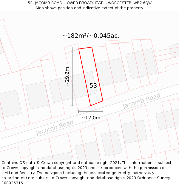 53, JACOMB ROAD, LOWER BROADHEATH, WORCESTER, WR2 6QW: Plot and title map