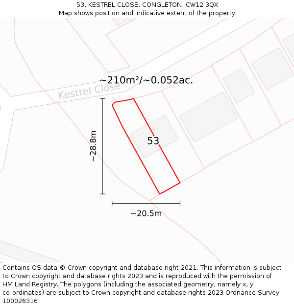 53, KESTREL CLOSE, CONGLETON, CW12 3QX: Plot and title map