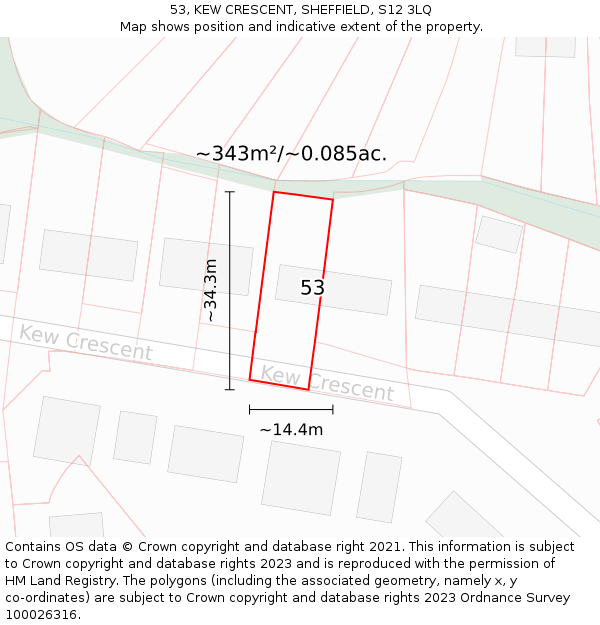 53, KEW CRESCENT, SHEFFIELD, S12 3LQ: Plot and title map