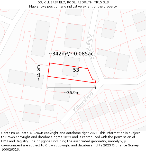53, KILLIERSFIELD, POOL, REDRUTH, TR15 3LS: Plot and title map