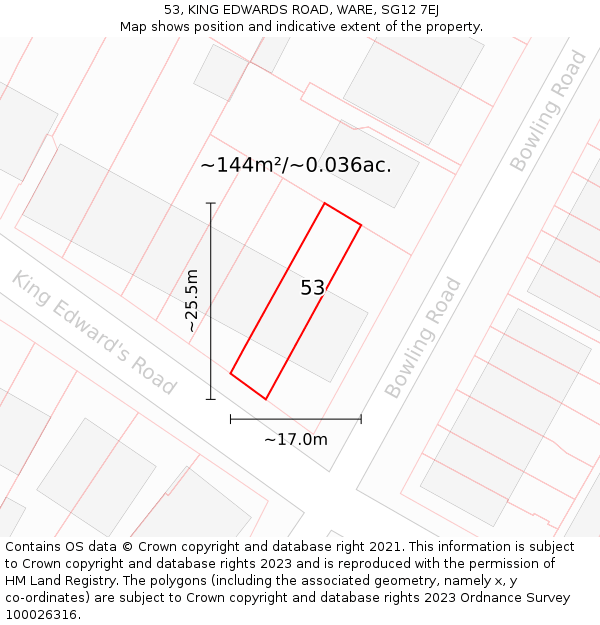 53, KING EDWARDS ROAD, WARE, SG12 7EJ: Plot and title map