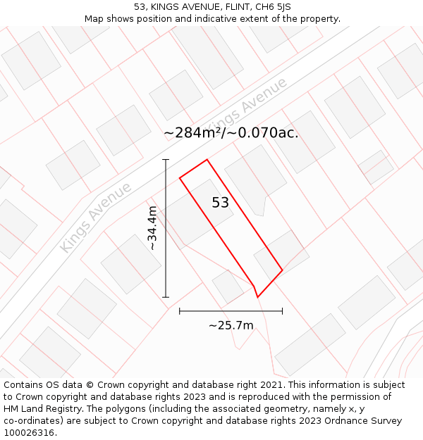 53, KINGS AVENUE, FLINT, CH6 5JS: Plot and title map