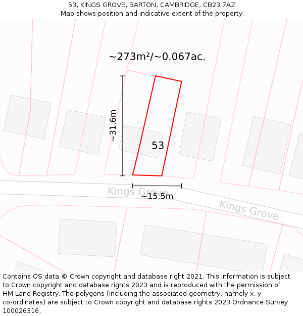 53, KINGS GROVE, BARTON, CAMBRIDGE, CB23 7AZ: Plot and title map