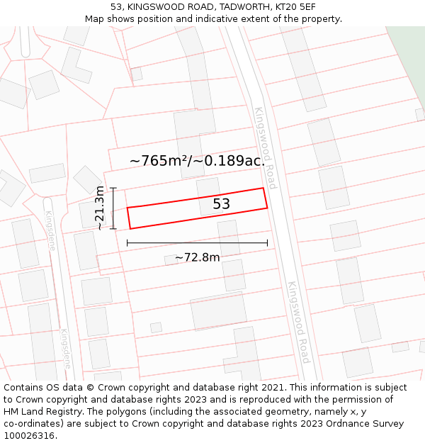 53, KINGSWOOD ROAD, TADWORTH, KT20 5EF: Plot and title map