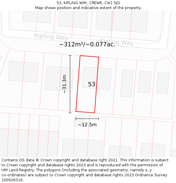 53, KIPLING WAY, CREWE, CW1 5JG: Plot and title map