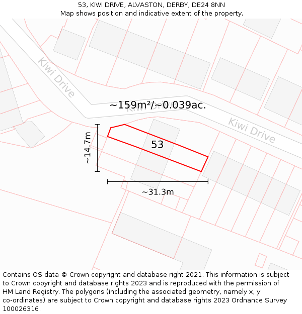 53, KIWI DRIVE, ALVASTON, DERBY, DE24 8NN: Plot and title map