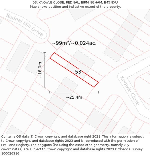 53, KNOWLE CLOSE, REDNAL, BIRMINGHAM, B45 8XU: Plot and title map