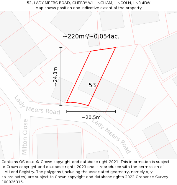 53, LADY MEERS ROAD, CHERRY WILLINGHAM, LINCOLN, LN3 4BW: Plot and title map