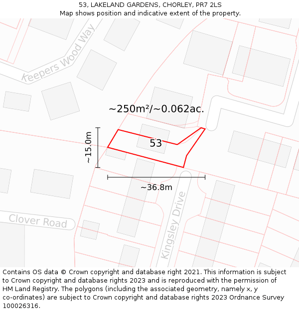 53, LAKELAND GARDENS, CHORLEY, PR7 2LS: Plot and title map