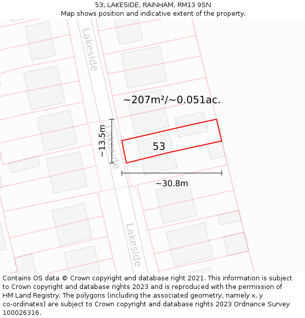 53, LAKESIDE, RAINHAM, RM13 9SN: Plot and title map
